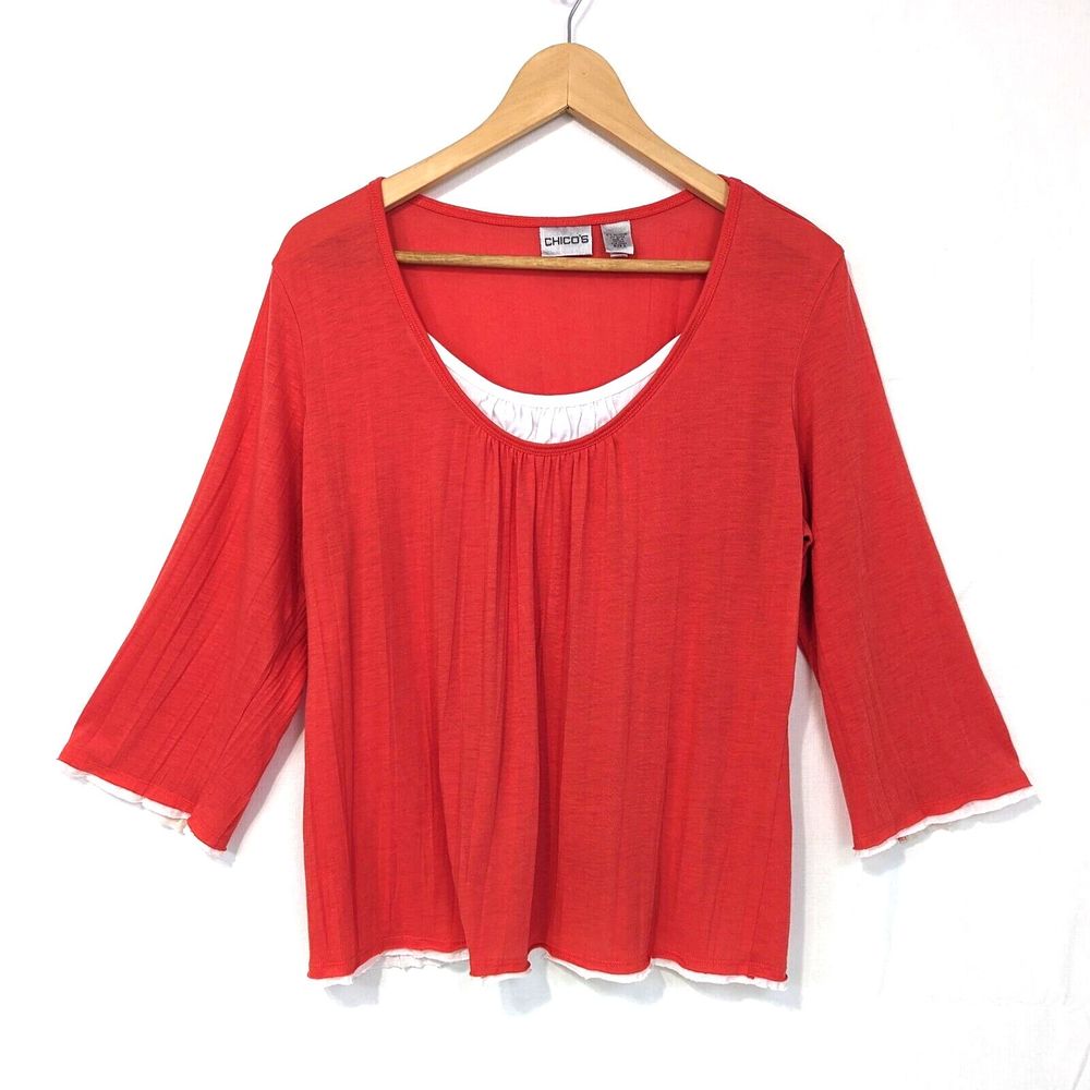 Chicos Womens 2 / Large Coral Orange White Faux Layered 3/4 Sleeve Top Shirt